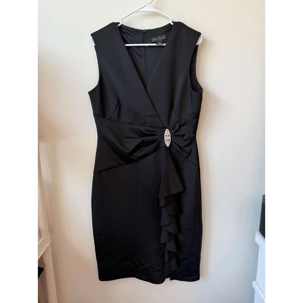 Jessica Howard Womens Black Sleeveless V-Neck Ruched Ruffle Sheath Dress Size 14
